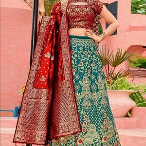 Teal, Red & Gold Lehenga